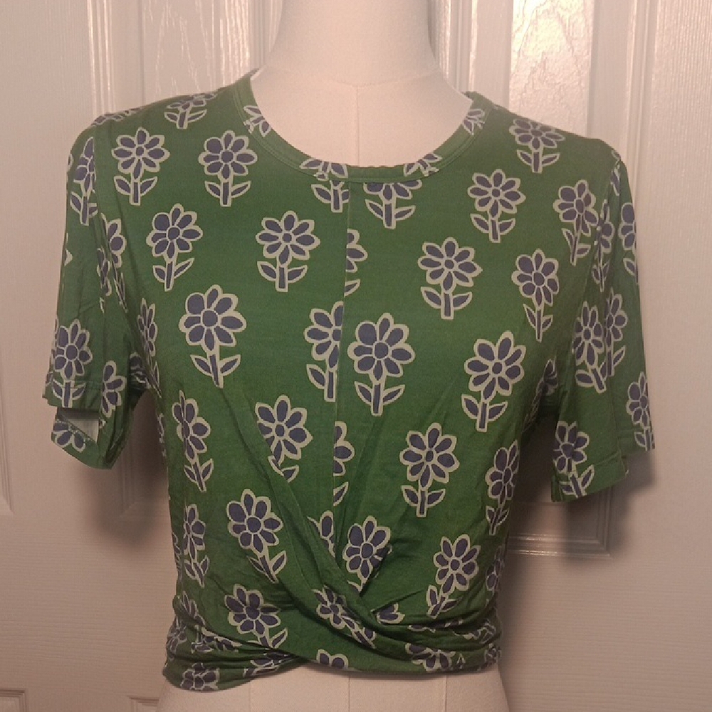 RHODE Floral Green Short Sleeve Crew Neck Cropped Tee With Twist Knot